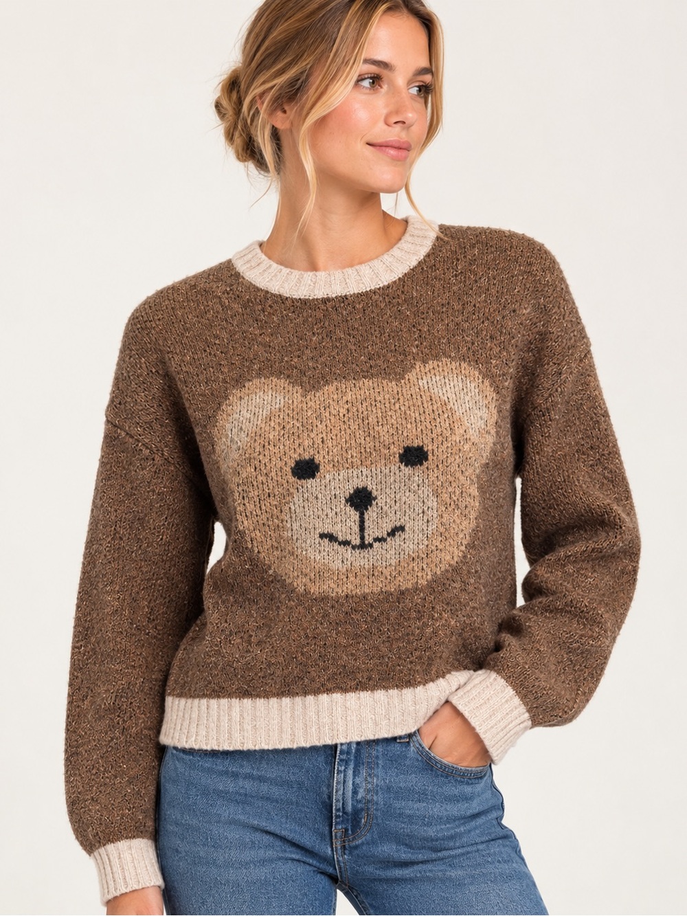 Luna Ivy Teddy Bear Sweater Brown Cropped Twee Preppy Whimsical Knit M
